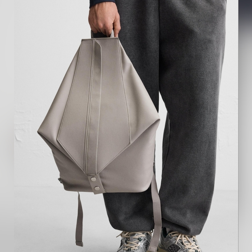 Zara Unisex Gray Backpack with Minimalist Design and Vertical Pleating